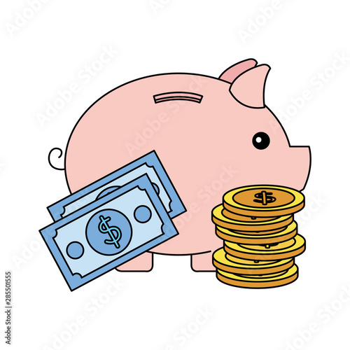 piggy savings with coins and bills money