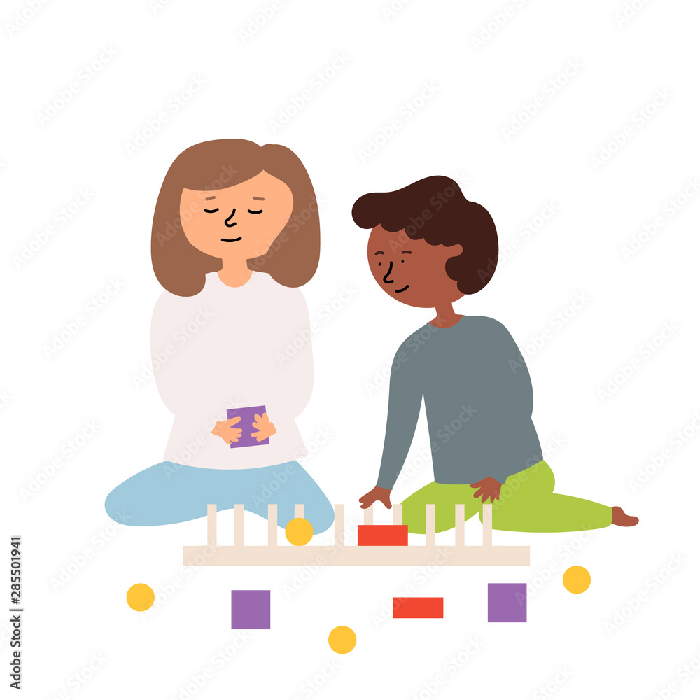 A boy and a girl play educational games collect the shapes of the correct form. Children's activities. Funny kids games. Vector editable illustration A boy and a girl play educational games collect the shapes of the correct form. Children's activities. Funny kids games. Vector editable illustration