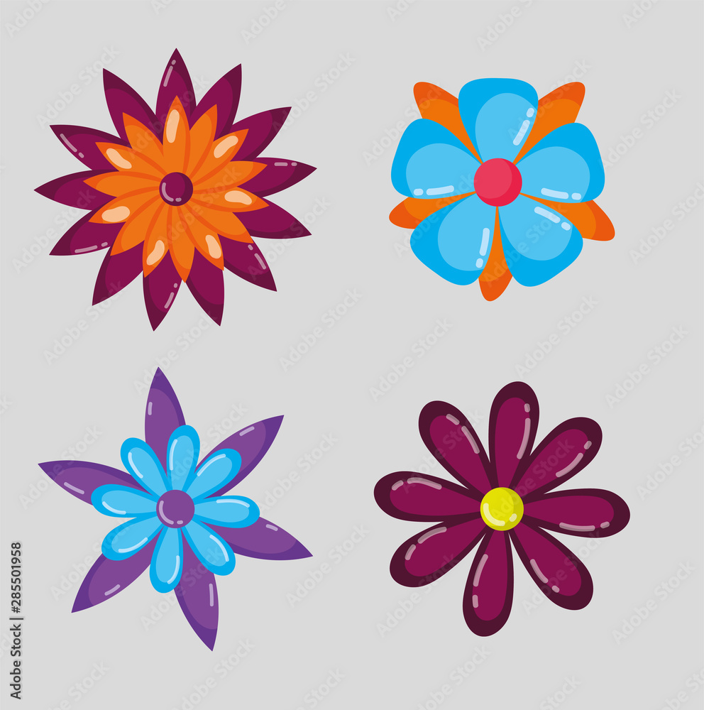 set of flowers decoration on gray background