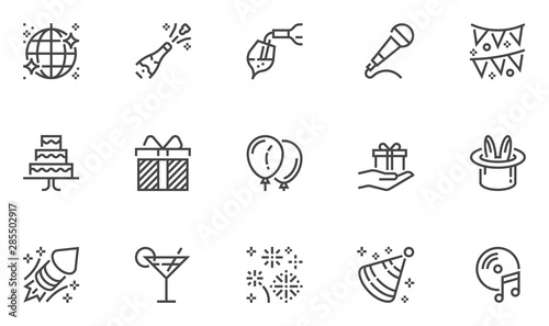 Party vector line icons set. Karaoke, cocktail, gift, balloon, firework. Editable Stroke. 48x48 Pixel Perfect.
