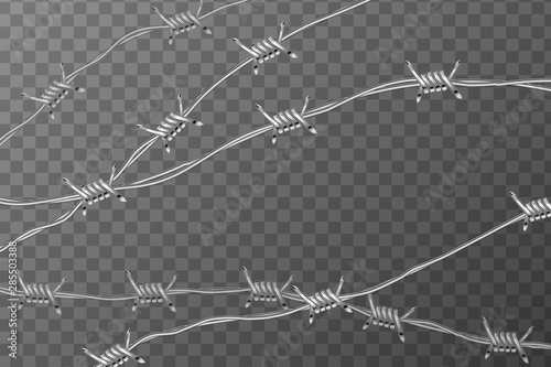 Several lines of glossy realistic barbed wire on transparent