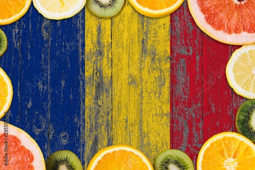 Romania food concept. Fresh fruits from traditional gardens. Cooking concept on wooden flag background.