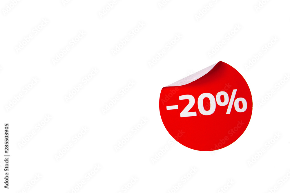 Round Red Discount Sticker with Curled Edge on a White Background Isolated. Round Red Discount Sticker with Curled Edge on a White Background Isolated.