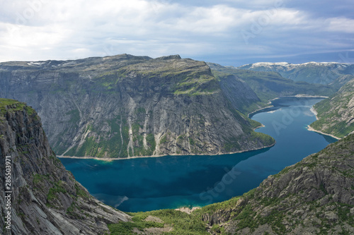 Mountain blue lake Ringedalsvatnet landscape, Norway.