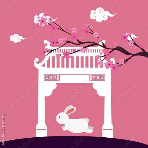 little rabbit with chinese arch and tree plant scene