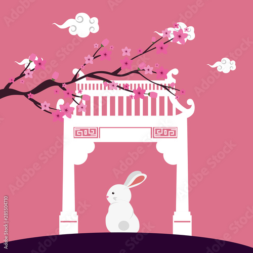 little rabbit with chinese arch and tree plant scene