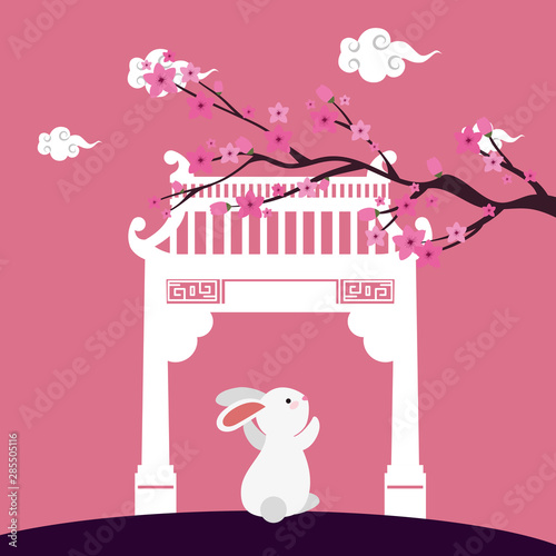 little rabbit with chinese arch and tree plant scene