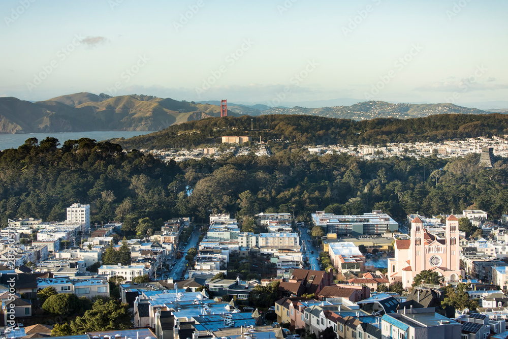 Low aerial view of Inner Sunset and Richmond districts of San Francisco with Golden Gate Bridge in Background