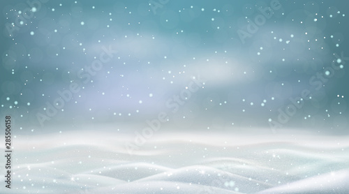 Evening snowstorm and snowy landscape, winter snowdrifts with flying snow. Vector illustration.