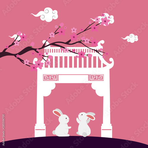 little rabbits with chinese arch and tree plant scene