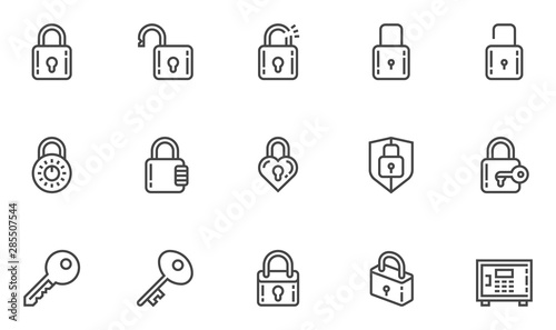 Locks vector line icons set. Keys, padlocks, safe deposit. Editable stroke. 48x48 Pixel Perfect.