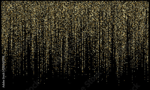 Garland lights gold glitter hanging vertical lines vector holiday background.