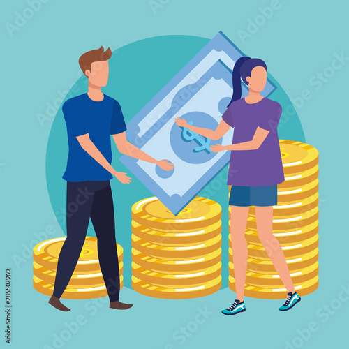 young couple with coins money avatars characters