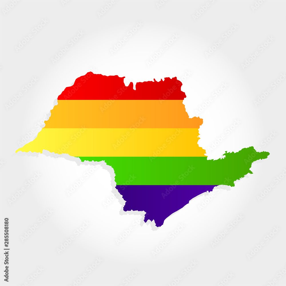 Rainbow flag in contour of Sao Paulo. Lgbt flag in contour of Sao Paulo with light grey background. Brazilian state. Southeast of Brazil. Rainbow flag in contour of Sao Paulo. Lgbt flag in contour of Sao Paulo with light grey background. Brazilian state. Southeast of Brazil.