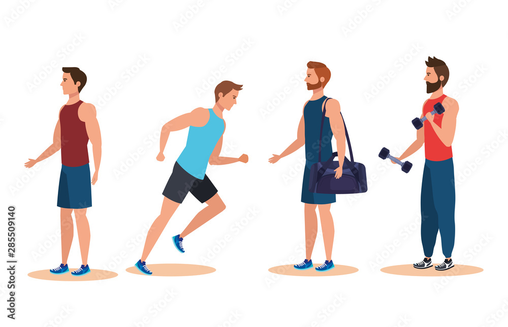 set of fitness men practice sport activity set of fitness men practice sport activity