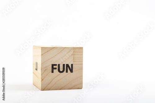 Wooden cubes with the inscription fun on a white background