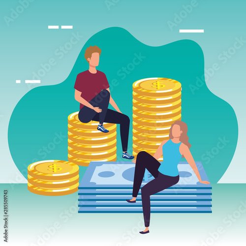 young couple with coins and bills