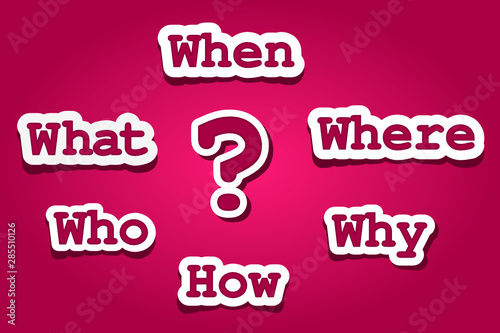 Question mark with questions: Who, what, where, when, why, how. Asking questions. Having answers. Ask us, contact us, more information, research, concept. Vector illustration, pink background 