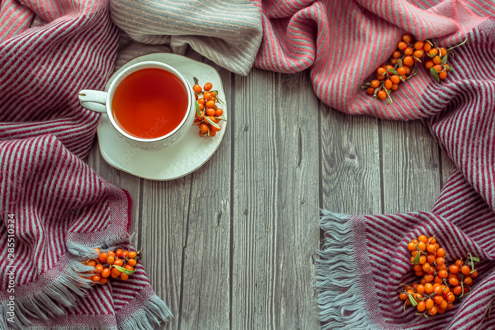 A Cup of hot tea, sea buckthorn berries and a wool scarf on a dark wooden background. Autumn concept. A Cup of hot tea, sea buckthorn berries and a wool scarf on a dark wooden background. Autumn concept.