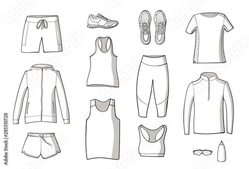 Running clothes set of hand drawn illustrations. Doodle style. Line on white background