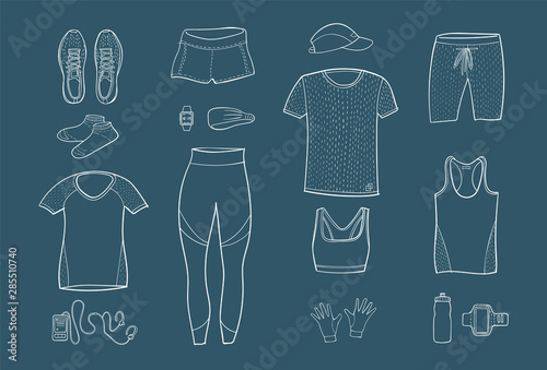 Running clothes set of hand drawn illustrations. Doodle style. White line on dark background