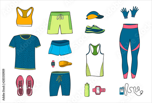 Running clothes set of hand drawn illustrations. Colorful doodle style. Vector