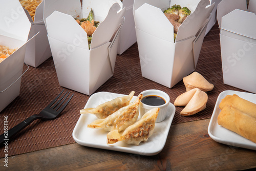 gyoza dumpling with american chinese food container photo