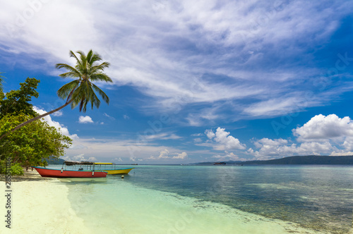 Tropical beach with local boats, coconut palm, white sand and turquoise water