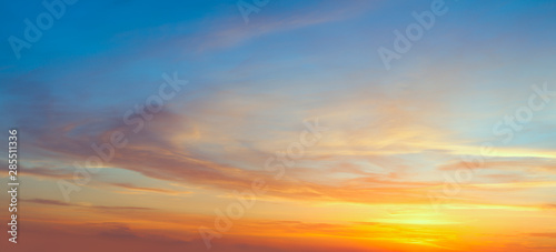 Real panoramic sunrise sundown sky with gentle colorful clouds