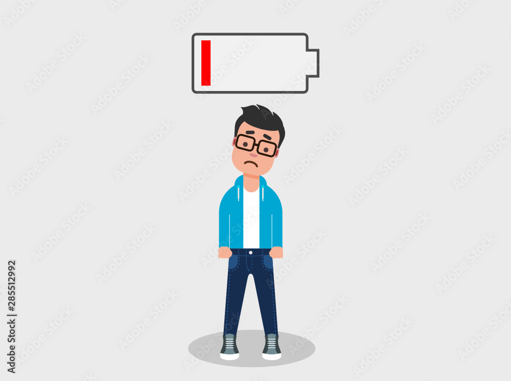 Tired young man standing below the low battery symbol. Low energy concept.  Exhausted, burnout at work. Stressed, emotionally drained concept. Vector  illustration, flat. Stock Vector | Adobe Stock