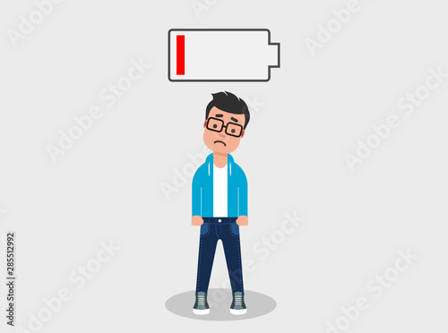 Tired young man standing below the low battery symbol. Low energy concept. Exhausted, burnout at work. Stressed, emotionally drained concept. Vector illustration, flat. 