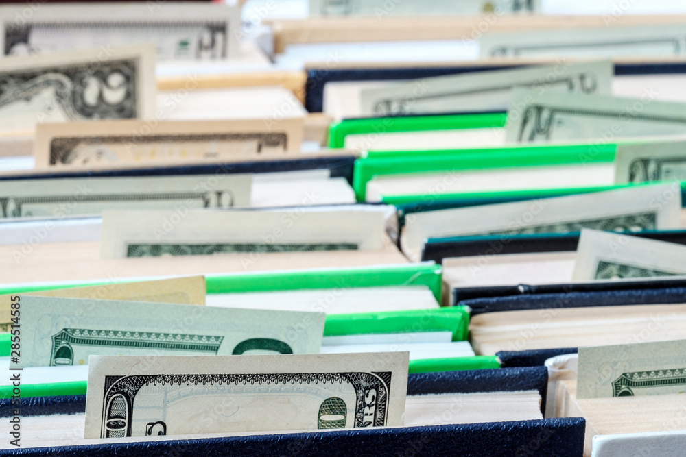 protruding from the pages of books money, books stand in rows protruding from the pages of books money, books stand in rows