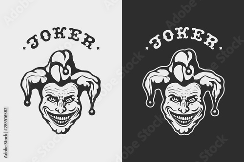 Laughing Head Joker. Hand drawn character. Craft retro graphic design fashion apparel print. T shirt graphic vintage vector illustration label logo sign symbol emblem. White and black background. 