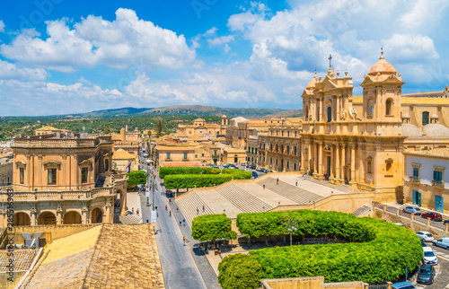 Panoramic view in Noto, with the Cathedral and the Palazzo Ducezio. Province of Siracusa, Sicily, Italy. 