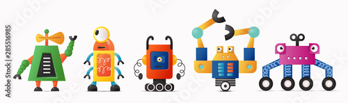 Set of cute vector robot characters for kids. Funny retro style robotics
