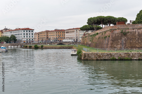 Livorno cityscape with canal and New Fortress  Italy.