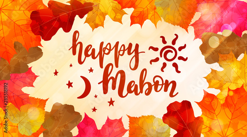 Happy Mabon - handwritten lettering quote symbolizing equal duration of daytime and nighttime. Vector illustration of the autumn equinox.