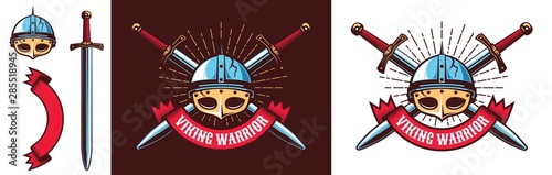 Medieval northern Viking warrior logo. Helmet with mask and crossed swords with heraldic ribbon. Vector illustration.