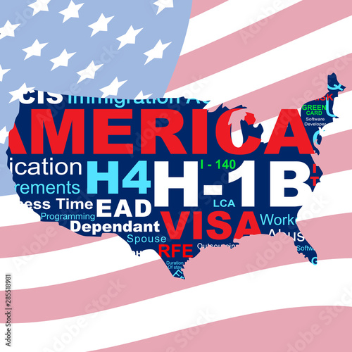 Creative banner/poster in word Cloud collage format for H1-H/H4 Visa. The H-1B is a visa in the United States to temporarily employ foreign workers in specialty occupation. Space for text.