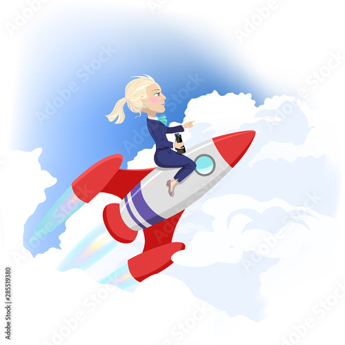 Businesswoman flying up on space rocket. Success Achievement concept Cartoon Vector illustration