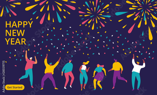 People celebrating new year, dancing  and watching firework explosions in the sky at night. Flat vector illustration.