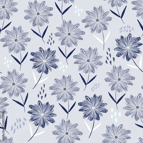 Delicate pale blue floral seamless pattern with childish sketch flowers  hearts and dots. Cute pastel scandinavian texture with gerbera for textile  wrapping paper  surface  wallpaper  background