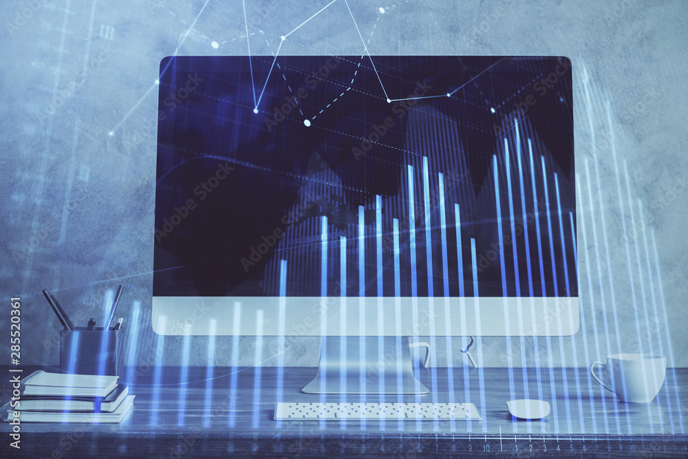 Stock market graph on background with desk and personal computer. Double exposure. Concept of financial analysis. Stock market graph on background with desk and personal computer. Double exposure. Concept of financial analysis.