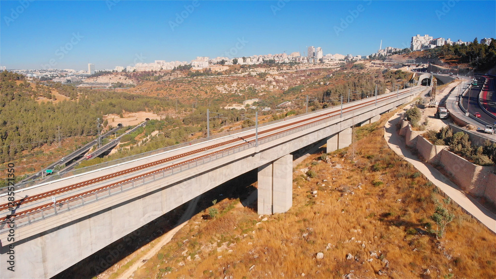 Large Railway bridge with cars traffic Aerial view Drone footage over Jerusalem Tel aviv Railway bridge with traffic