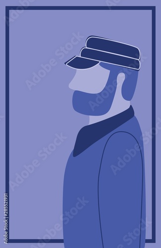 man with hat in collared shirt, blue, flat style