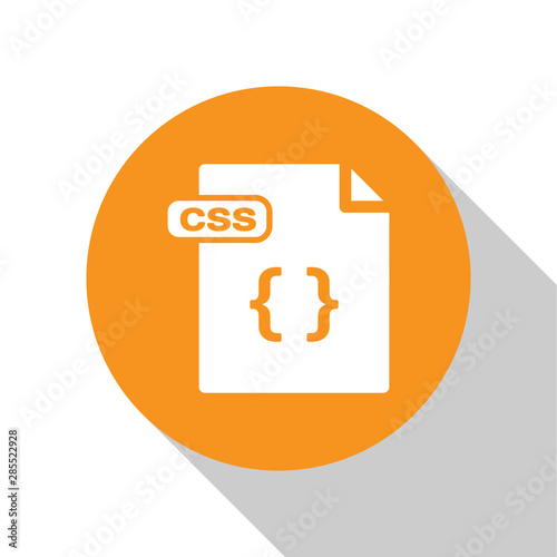 White CSS file document. Download css button icon isolated on white background. CSS file symbol. Orange circle button. Vector Illustration