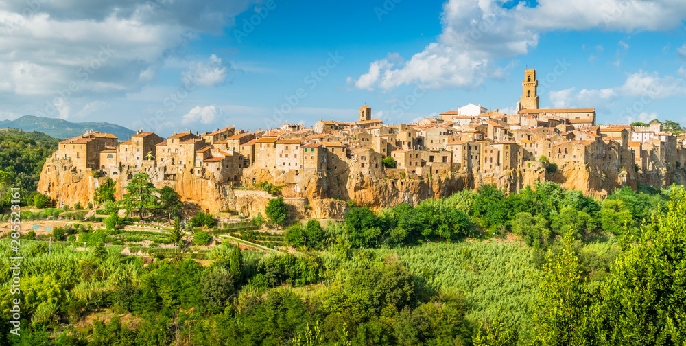 Panoramic sight of Pitigliano in a sunny summer afternoon. Province of Grosseto, Tuscany, Italy.	