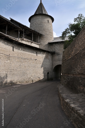 Trinity tower. Churches of the Pskov School of Architecture. dark passage