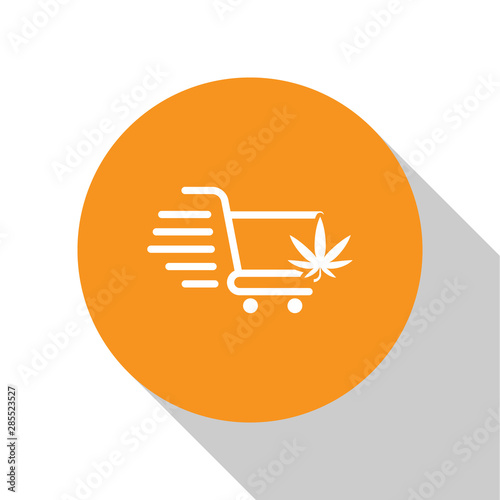 White Shopping cart with marijuana or cannabis leaf icon isolated on white background. Online buying. Delivery service. Supermarket basket. Orange circle button. Vector Illustration