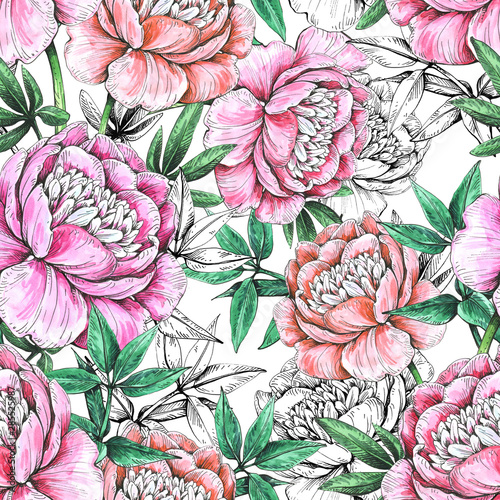 Abstract seamless pattern with peonies.